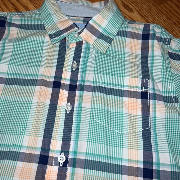 JK boys size 7 modern plaid button up shirt. colors:  turquoise, orange & navy - Picture 3 of 6